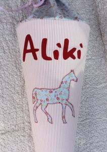 Schultüte alt rosa /blau mit Pferd Westfalenstoffe