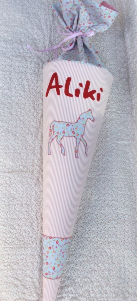 Schultüte alt rosa /blau mit Pferd Westfalenstoffe